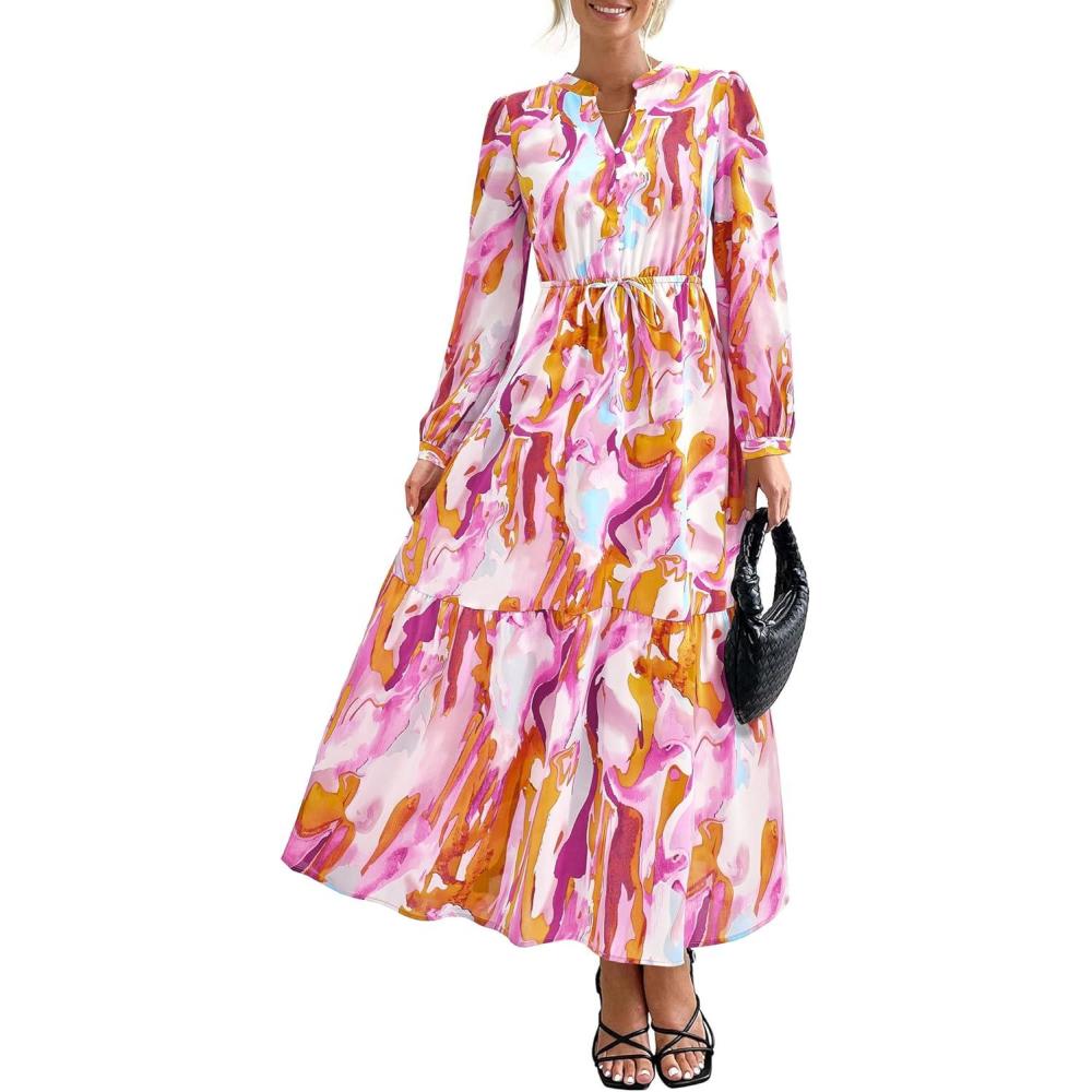 imageBTFBM Women Boho Maxi Dress Fall Fashion 2025 Floral Long Sleeve V Neck Button Pockets Flowy Vacation Wedding DressesFloral Multicolored