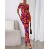 imageBTFBM Cocktail Dresses for Women 2026 Elegant Classy Off Shoulder Bodycon Mesh Slit Floral Maxi Spring Summer DressFloral Purple Orange