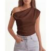 imageBTFBM Spring Tops for Women Trendy Off The Shoulder Top Sleeveless Ruched Going Out Solid Tank Blouses Fashion ClothingBrown