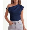imageBTFBM Spring Tops for Women Trendy Off The Shoulder Top Sleeveless Ruched Going Out Solid Tank Blouses Fashion ClothingNavy