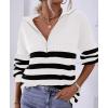 imageBTFBM Striped Quarter Zip Sweater Women Fall Outfits Winter Clothing V Neck Long Sleeve Knit Collared Sweaters PulloverStriped White