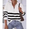 imageBTFBM Striped Quarter Zip Sweater Women Fall Outfits Winter Clothing V Neck Long Sleeve Knit Collared Sweaters PulloverStriped White