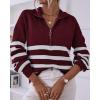 imageBTFBM Striped Quarter Zip Sweater Women Fall Outfits Winter Clothing V Neck Long Sleeve Knit Collared Sweaters PulloverStriped Wine Red
