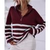 imageBTFBM Striped Quarter Zip Sweater Women Fall Outfits Winter Clothing V Neck Long Sleeve Knit Collared Sweaters PulloverStriped Wine Red