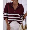 imageBTFBM Striped Quarter Zip Sweater Women Fall Outfits Winter Clothing V Neck Long Sleeve Knit Collared Sweaters PulloverStriped Wine Red