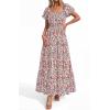 imageBTFBM Summer Dress for Women 2026 Spring Floral Short Sleeve Square Neck Casual Flowy ALine Smocked Tiered Maxi DressesFloral Beige Multicolor