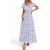 imageBTFBM Summer Dress for Women 2026 Spring Floral Short Sleeve Square Neck Casual Flowy ALine Smocked Tiered Maxi DressesFloral White Blue