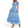 imageBTFBM Summer Dress for Women 2026 Spring Floral Short Sleeve Square Neck Casual Flowy ALine Smocked Tiered Maxi DressesLeaf Blue