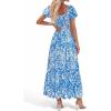 imageBTFBM Summer Dress for Women 2026 Spring Floral Short Sleeve Square Neck Casual Flowy ALine Smocked Tiered Maxi DressesLeaf Blue