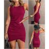 imageBTFBM Women Summer Dresses 2026 Sleeveless Tank Ruched Bodycon Sundresses for Women Party Beach Mini Casual Spring DressWine Red
