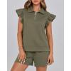 imageBTFBM Womens 2 Piece Outfits Spring Sweatsuit Zipper V Neck Casual Ruffle Cap Sleeve Tops Drawstring Shorts Lounge SetsArmy Green