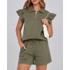 imageBTFBM Womens 2 Piece Outfits Spring Sweatsuit Zipper V Neck Casual Ruffle Cap Sleeve Tops Drawstring Shorts Lounge SetsArmy Green