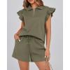 imageBTFBM Womens 2 Piece Outfits Spring Sweatsuit Zipper V Neck Casual Ruffle Cap Sleeve Tops Drawstring Shorts Lounge SetsArmy Green