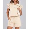 imageBTFBM Womens 2 Piece Outfits Spring Sweatsuit Zipper V Neck Casual Ruffle Cap Sleeve Tops Drawstring Shorts Lounge SetsBeige