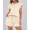 imageBTFBM Womens 2 Piece Outfits Spring Sweatsuit Zipper V Neck Casual Ruffle Cap Sleeve Tops Drawstring Shorts Lounge SetsBeige