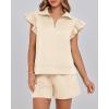 imageBTFBM Womens 2 Piece Outfits Spring Sweatsuit Zipper V Neck Casual Ruffle Cap Sleeve Tops Drawstring Shorts Lounge SetsBeige