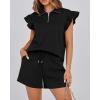 imageBTFBM Womens 2 Piece Outfits Spring Sweatsuit Zipper V Neck Casual Ruffle Cap Sleeve Tops Drawstring Shorts Lounge SetsBlack