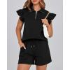 imageBTFBM Womens 2 Piece Outfits Spring Sweatsuit Zipper V Neck Casual Ruffle Cap Sleeve Tops Drawstring Shorts Lounge SetsBlack