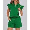 imageBTFBM Womens 2 Piece Outfits Spring Sweatsuit Zipper V Neck Casual Ruffle Cap Sleeve Tops Drawstring Shorts Lounge SetsGreen