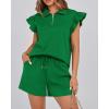 imageBTFBM Womens 2 Piece Outfits Spring Sweatsuit Zipper V Neck Casual Ruffle Cap Sleeve Tops Drawstring Shorts Lounge SetsGreen