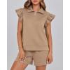 imageBTFBM Womens 2 Piece Outfits Spring Sweatsuit Zipper V Neck Casual Ruffle Cap Sleeve Tops Drawstring Shorts Lounge SetsLight Khaki
