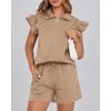 imageBTFBM Womens 2 Piece Outfits Spring Sweatsuit Zipper V Neck Casual Ruffle Cap Sleeve Tops Drawstring Shorts Lounge SetsLight Khaki