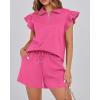 imageBTFBM Womens 2 Piece Outfits Spring Sweatsuit Zipper V Neck Casual Ruffle Cap Sleeve Tops Drawstring Shorts Lounge SetsRose Red