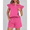 imageBTFBM Womens 2 Piece Outfits Spring Sweatsuit Zipper V Neck Casual Ruffle Cap Sleeve Tops Drawstring Shorts Lounge SetsRose Red