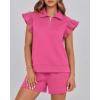 imageBTFBM Womens 2 Piece Outfits Spring Sweatsuit Zipper V Neck Casual Ruffle Cap Sleeve Tops Drawstring Shorts Lounge SetsRose Red