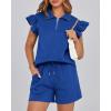 imageBTFBM Womens 2 Piece Outfits Spring Sweatsuit Zipper V Neck Casual Ruffle Cap Sleeve Tops Drawstring Shorts Lounge SetsRoyal Blue