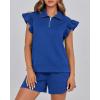 imageBTFBM Womens 2 Piece Outfits Spring Sweatsuit Zipper V Neck Casual Ruffle Cap Sleeve Tops Drawstring Shorts Lounge SetsRoyal Blue