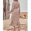 imageBTFBM Womens Dresses Spring Clothes 2026 V Neck Floral High Waist Ruffle Wedding Guest Cocktail Boho Long Sleeve DressBig Floral Brown Green