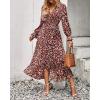 imageBTFBM Womens Dresses Spring Clothes 2026 V Neck Floral High Waist Ruffle Wedding Guest Cocktail Boho Long Sleeve DressBig Floral Wine Red