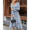 imageBTFBM Womens Dresses Spring Clothes 2026 V Neck Floral High Waist Ruffle Wedding Guest Cocktail Boho Long Sleeve DressFloral Blue
