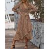 imageBTFBM Womens Dresses Spring Clothes 2026 V Neck Floral High Waist Ruffle Wedding Guest Cocktail Boho Long Sleeve DressFloral Brown