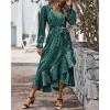 imageBTFBM Womens Dresses Spring Clothes 2026 V Neck Floral High Waist Ruffle Wedding Guest Cocktail Boho Long Sleeve DressLeopard Dot Green