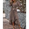 imageBTFBM Womens Dresses Spring Clothes 2026 V Neck Floral High Waist Ruffle Wedding Guest Cocktail Boho Long Sleeve DressLeopard Dot Light Khaki