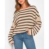 imageBTFBM Womens Striped Knit Sweaters 2026 Spring Fall Boat Neck Off Shoulder Long Sleeve Oversized Casual Pullover TopsStriped Apricot Black