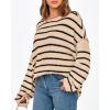imageBTFBM Womens Striped Knit Sweaters 2026 Spring Fall Boat Neck Off Shoulder Long Sleeve Oversized Casual Pullover TopsStriped Apricot Black