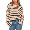 imageBTFBM Womens Striped Knit Sweaters 2026 Spring Fall Boat Neck Off Shoulder Long Sleeve Oversized Casual Pullover TopsStriped Apricot Black