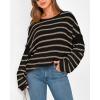 imageBTFBM Womens Striped Knit Sweaters 2026 Spring Fall Boat Neck Off Shoulder Long Sleeve Oversized Casual Pullover TopsStriped Black Khaki