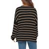 imageBTFBM Womens Striped Knit Sweaters 2026 Spring Fall Boat Neck Off Shoulder Long Sleeve Oversized Casual Pullover TopsStriped Black Khaki