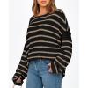 imageBTFBM Womens Striped Knit Sweaters 2026 Spring Fall Boat Neck Off Shoulder Long Sleeve Oversized Casual Pullover TopsStriped Black Khaki