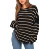 imageBTFBM Womens Striped Knit Sweaters 2026 Spring Fall Boat Neck Off Shoulder Long Sleeve Oversized Casual Pullover TopsStriped Black Khaki