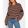 imageBTFBM Womens Striped Knit Sweaters 2026 Spring Fall Boat Neck Off Shoulder Long Sleeve Oversized Casual Pullover TopsStriped Coffee White
