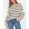 imageBTFBM Womens Striped Knit Sweaters 2026 Spring Fall Boat Neck Off Shoulder Long Sleeve Oversized Casual Pullover TopsStriped White Black