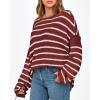 imageBTFBM Womens Striped Knit Sweaters 2026 Spring Fall Boat Neck Off Shoulder Long Sleeve Oversized Casual Pullover TopsStriped Wine Red White