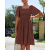 imageBTFBM Womens Summer Smocked Mini Dress Spring Square Neck Flutter Sleeve Casual Ruffle Swing Boho Beach Dresses PocketsBrown