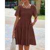 imageBTFBM Womens Summer Smocked Mini Dress Spring Square Neck Flutter Sleeve Casual Ruffle Swing Boho Beach Dresses PocketsBrown