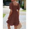 imageBTFBM Womens Summer Smocked Mini Dress Spring Square Neck Flutter Sleeve Casual Ruffle Swing Boho Beach Dresses PocketsBrown